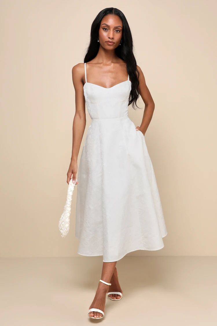 Meet for Tea White Jacquard Bustier Midi Dress With Pockets | Lulus
