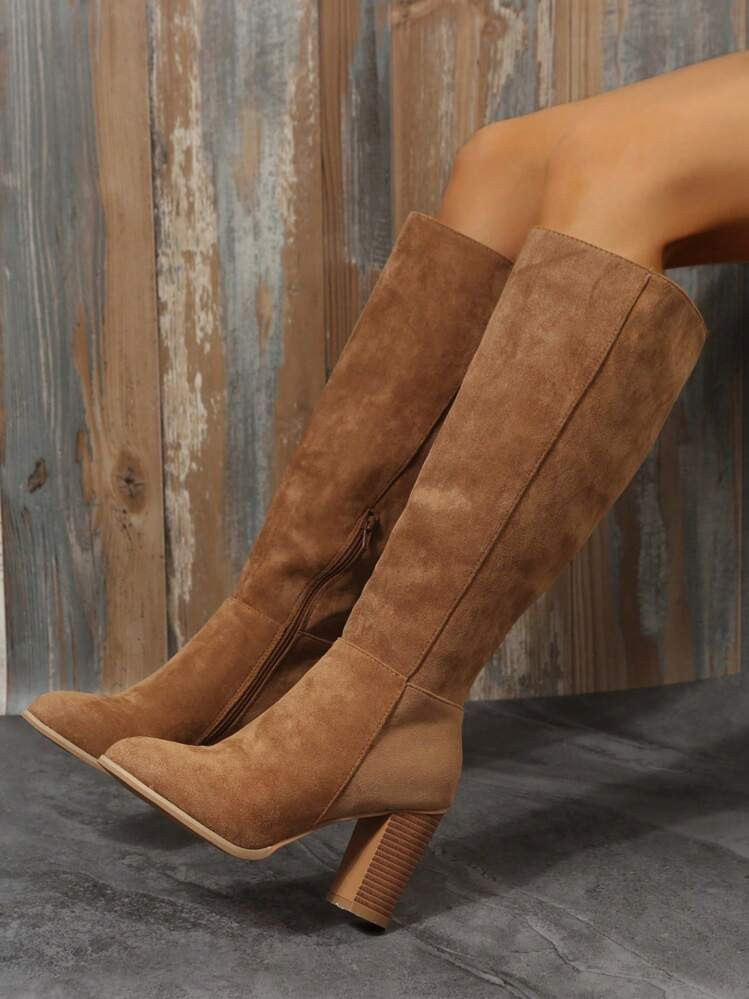 2024 Fall New Apricot Suede Pointed Toe Over-The-Knee Thick Heel Elastic Tall Boots For Women | SHEIN