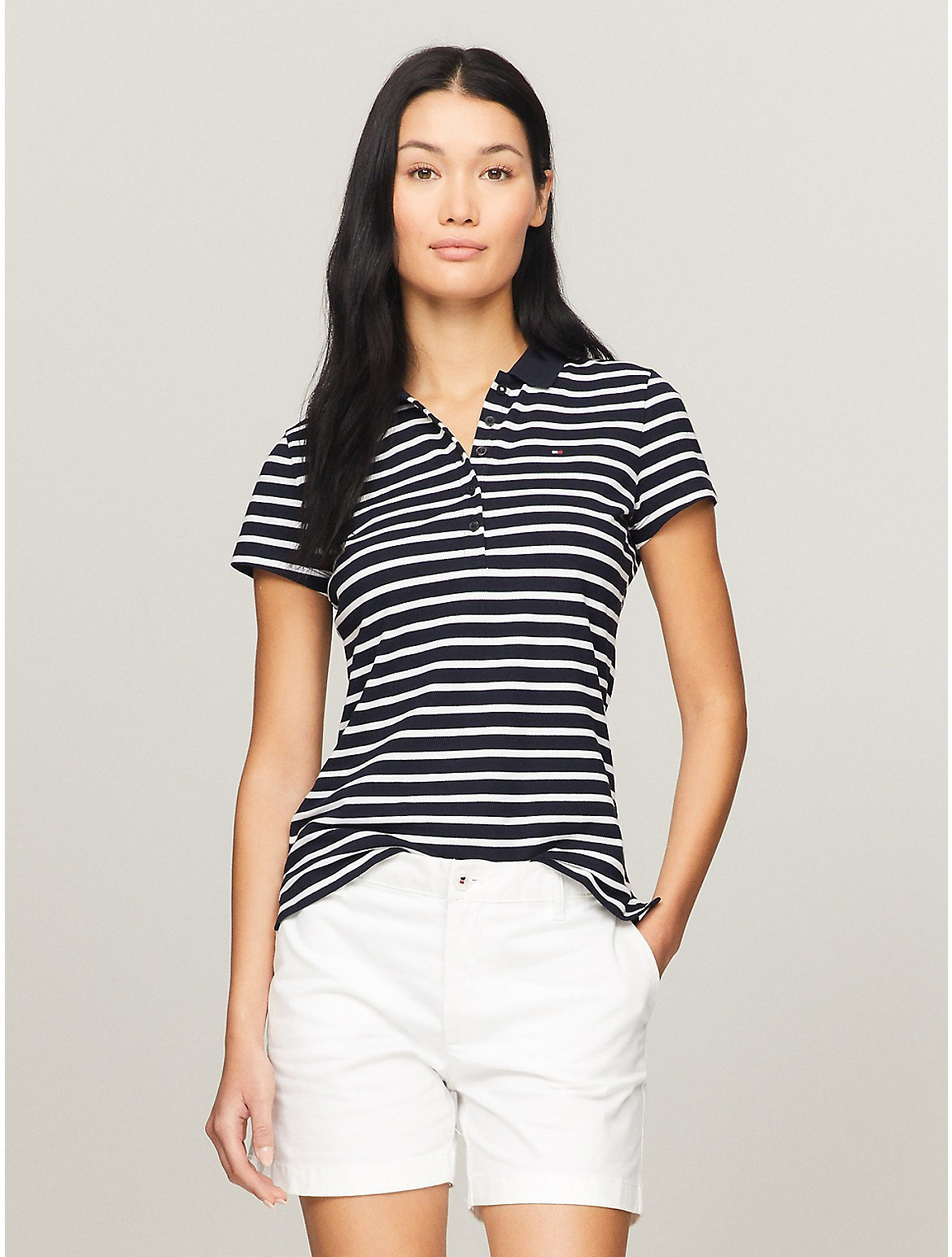Tommy Hilfiger Women's Slim Fit Stripe Stretch Cotton Polo - Navy Multi Stripe - XS | Tommy Hilfiger (US)