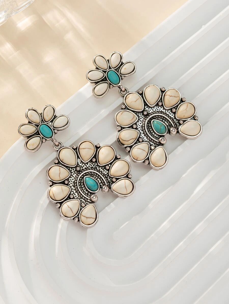 1pair Women's Vintage & Stylish Bohemian Dark & White Turquoise Earrings With Black & White Color... | SHEIN