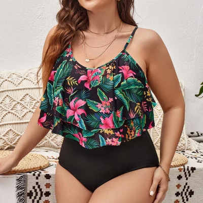 Plus Size Floral Printed Two Pieces Swimsuit Ruffled Bikini Style Swimwear,XL,Black+floral | Target