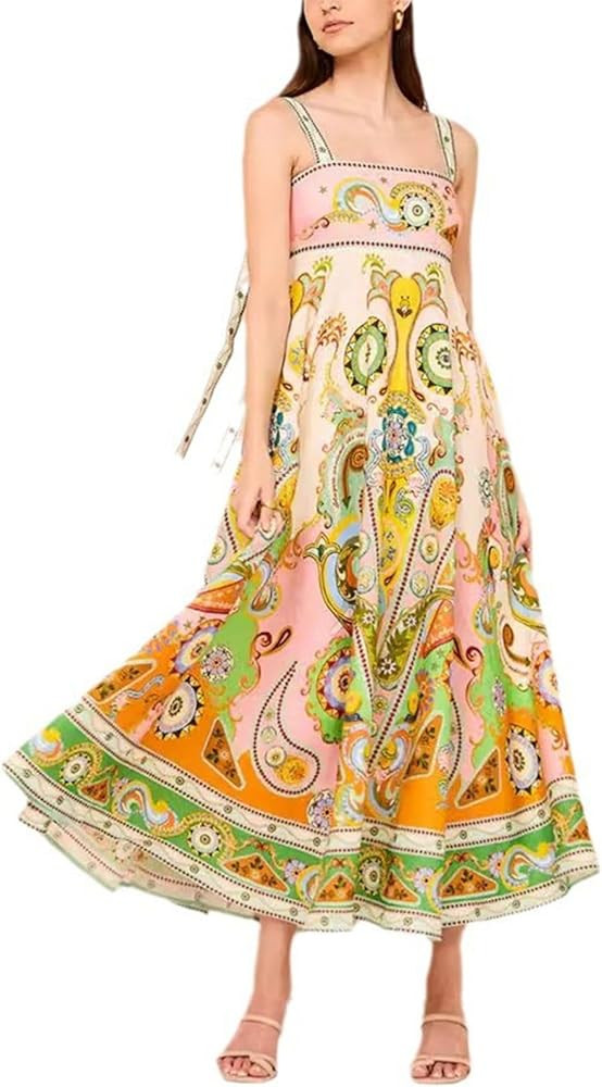 Women Boho Flowy Graffiti Long Aline Sundress Graphic Square Neck Sleeveless Spaghetti Strap Y2K ... | Amazon (US)