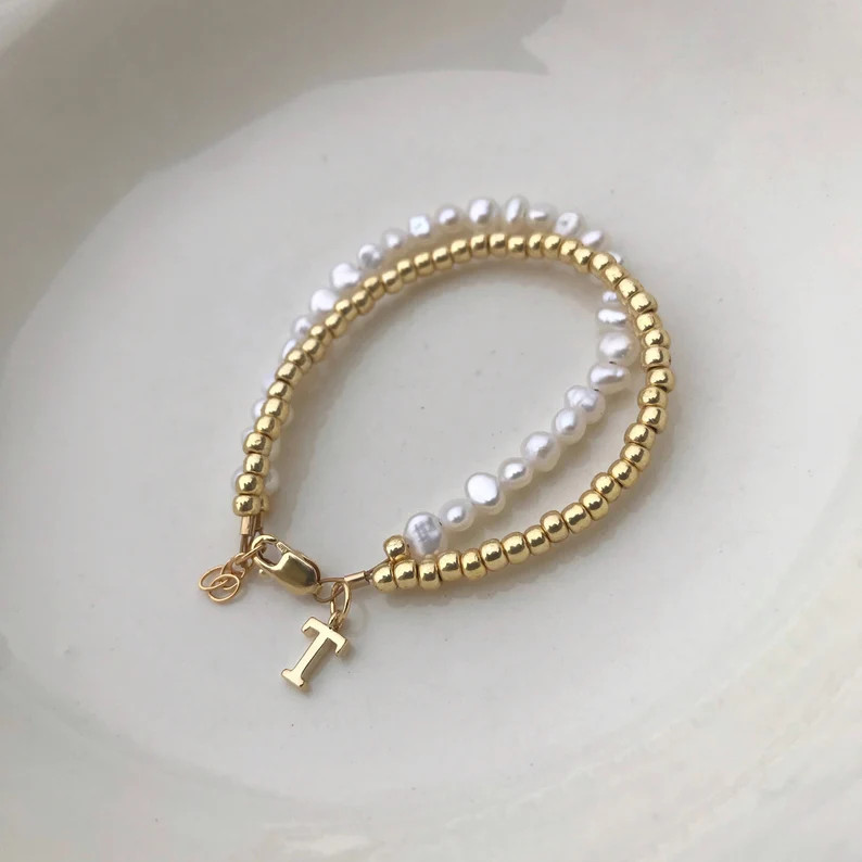 Freshwater pearl and gold double strand bracelet-genuine pearl-baby girl bracelet-toddler jewelry... | Etsy (US)