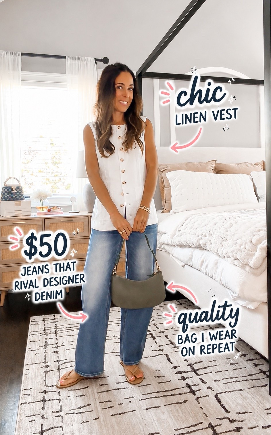 The pieces doing all the heavy lifting 🤍✨
 • Chic linen vest
 • $50 jeans that rival designer denim
 • A quality bag that elevates every outfit
These are the kind of wardrobe staples that make getting dressed so easy. Everything is linked! @quince #quincepartner 
Wearing size xs top and 25 jeans

#LTKootd #LTKSeasonal #LTKOver40