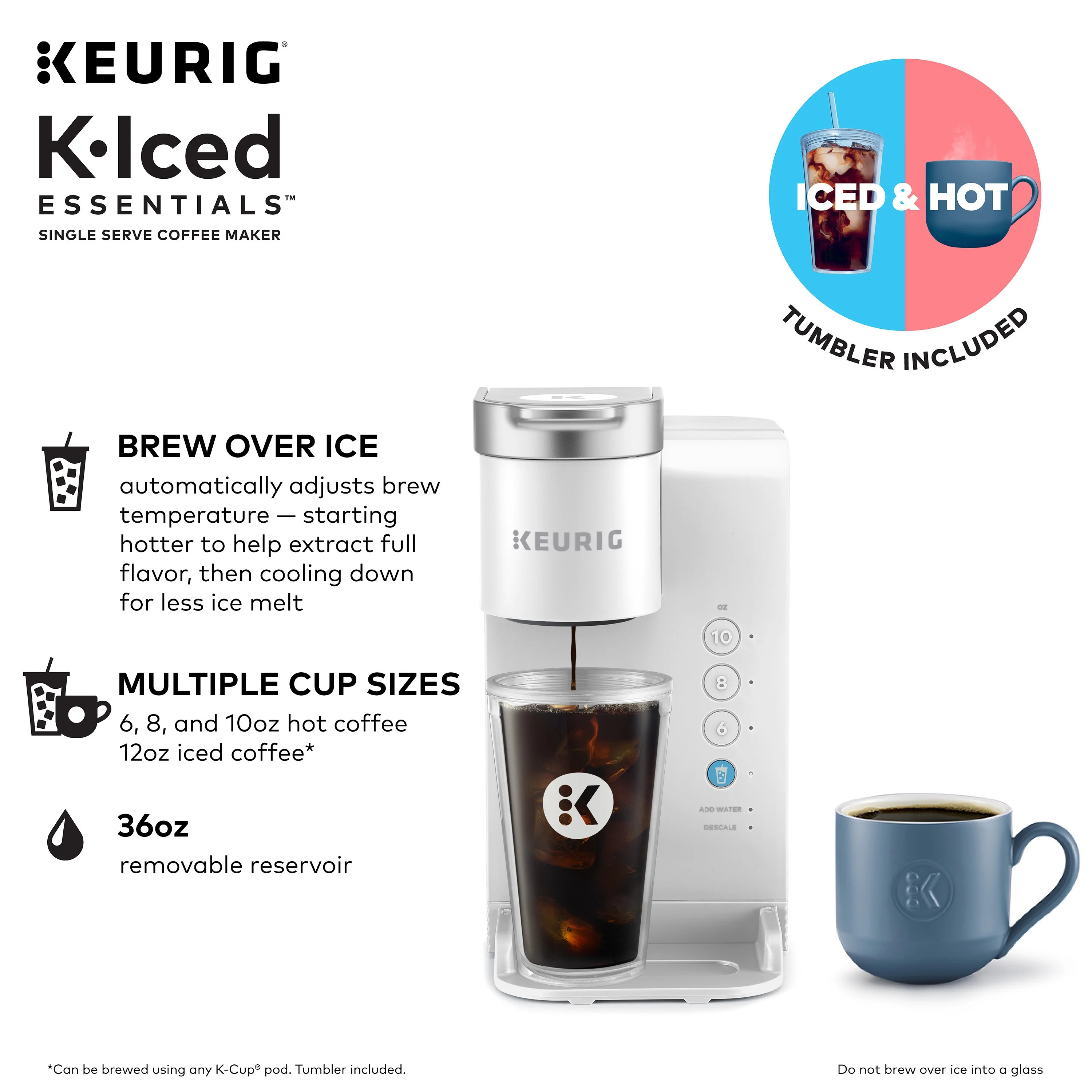 Keurig K-Iced Essentials Iced and Hot Single-Serve K-Cup Pod Coffee Maker, White | Walmart (US)