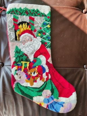 Vintage Wool Needlepoint Christmas Stocking Santa Holding Teddy Bear Fireplace | eBay US