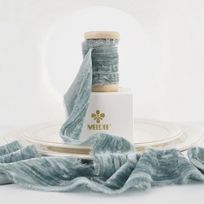 MEEDEE Dusty Blue Velvet Ribbon 2 Inch Frayed Edge Velvet Silk Ribbon 2 Rolls 4 Yards Crinkle Rib... | Amazon (US)