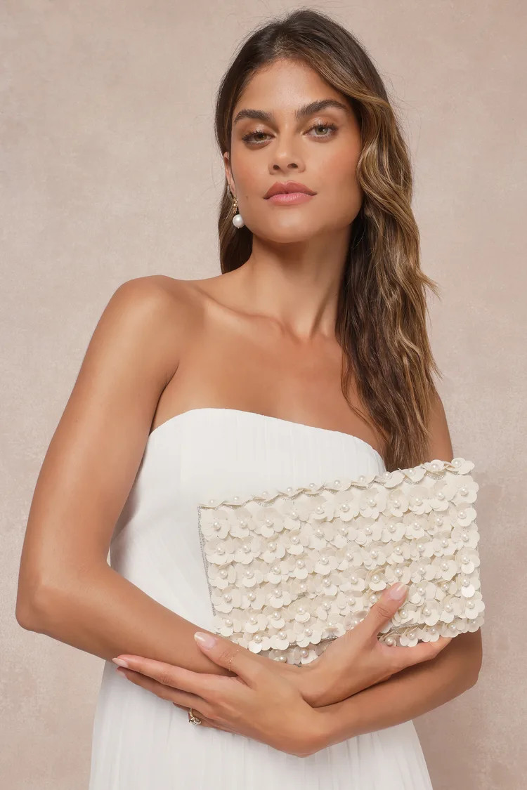 Sparking Perfection Ivory Floral Sequin Pearl Clutch | Lulus