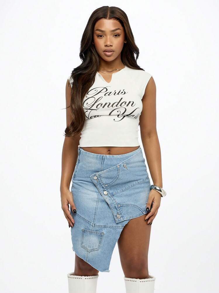 SUMWON WOMEN Notch Front Urban Travel Cities Graphic Crop Top T-Shirt Paris London New York Text Print Street Style Summer Fashion Tee | SHEIN