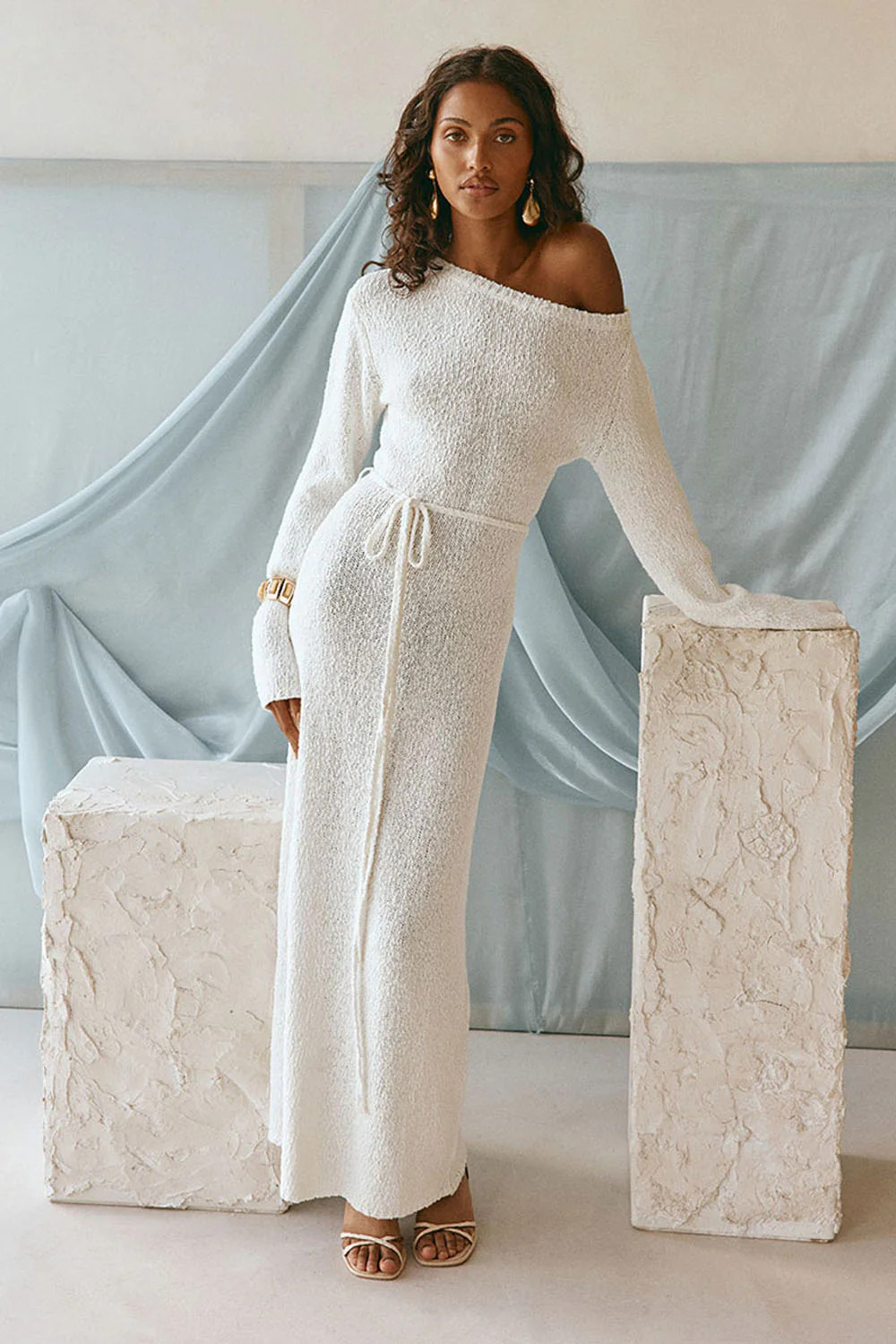 White Knit Long Sleeve Off Shoulder Maxi Kaiya Dress | Sabo Skirt US