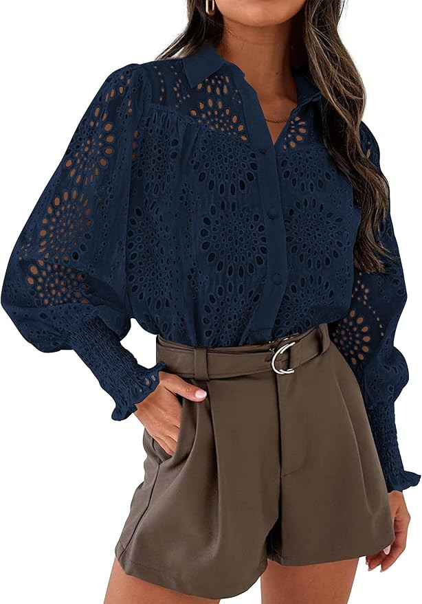 PRETTYGARDEN Women's Spring Button Down Shirts Dressy Casual Fall Long Puff Sleeve Eyelet Loose F... | Amazon (US)