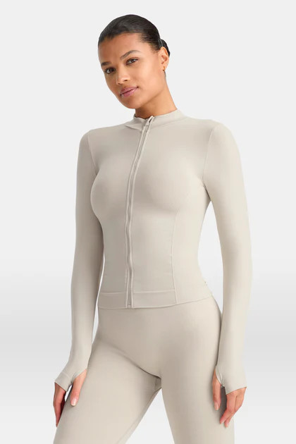 SCULPT SEAMLESS ZIP THROUGH LONGLINE JACKET - CHAI MARL | TALA (UK)