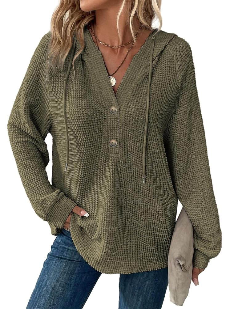 BLENCOT Hoodies for Womens Waffle Knit Button Long Sleeve Drawstring V Neck Casual Pullover Sweat... | Amazon (US)