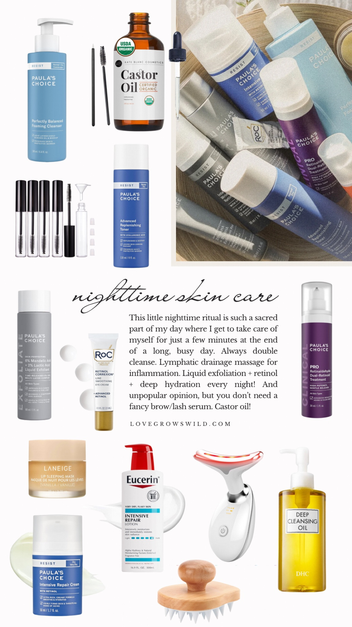 This little nighttime ritual is such a sacred part of my day where I get to take care of myself for just a few minutes at the end of a long, busy day. Always double cleanse. Lymphatic drainage massage for inflammation. Liquid exfoliation + retinol + deep hydration every night! And unpopular opinion, but you don't need a fancy brow/lash serum. Castor oil!

#LTKMostLoved #LTKBeauty #LTKFindsUnder50