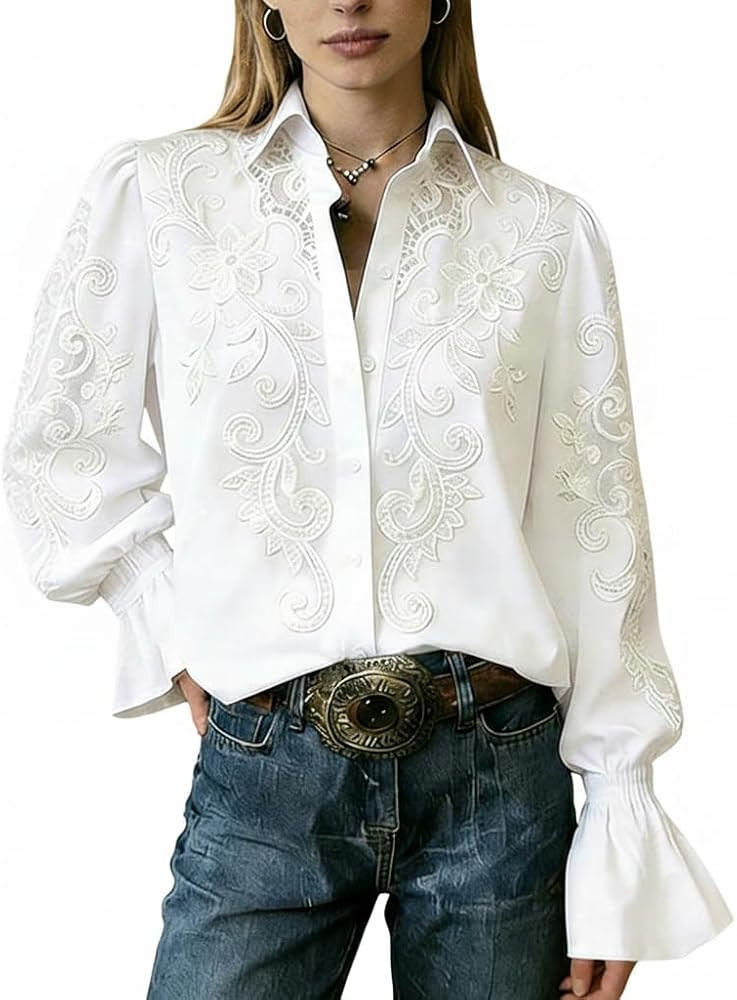 Women's White Floral Embroidery Blouse Ruffled Cuff Boho Shirt Long Sleeve Button-Down Top | Amazon (US)