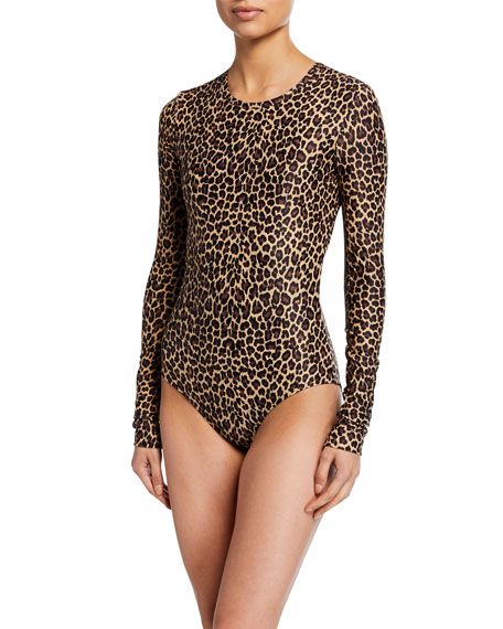 Cover Long-Sleeve Leopard-Print One-Piece Swimsuit | Neiman Marcus