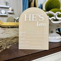 He's Here She's Baby Stat Sign Acrylic Birth Announcement Hello World Sign, Newborn Photo Prop, Shower Gift For New Mom | Etsy (US)