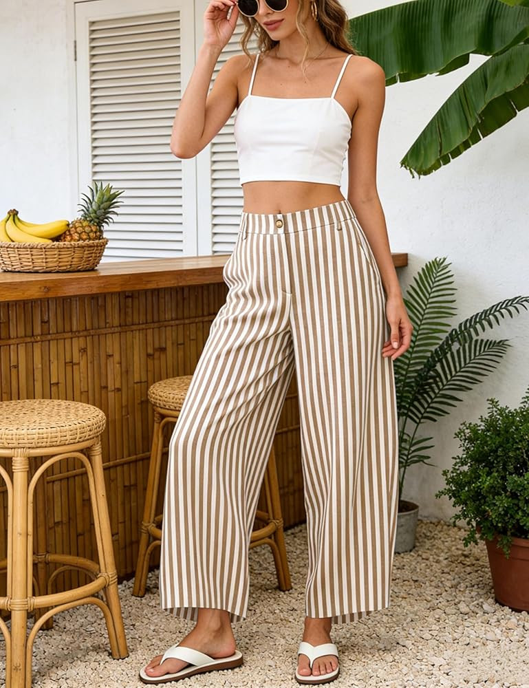 Athlisan Womens Summer Striped Barrel Pants Casual Baggy Wide Leg Palazzo Pants Beach Vacation Ou... | Amazon (US)