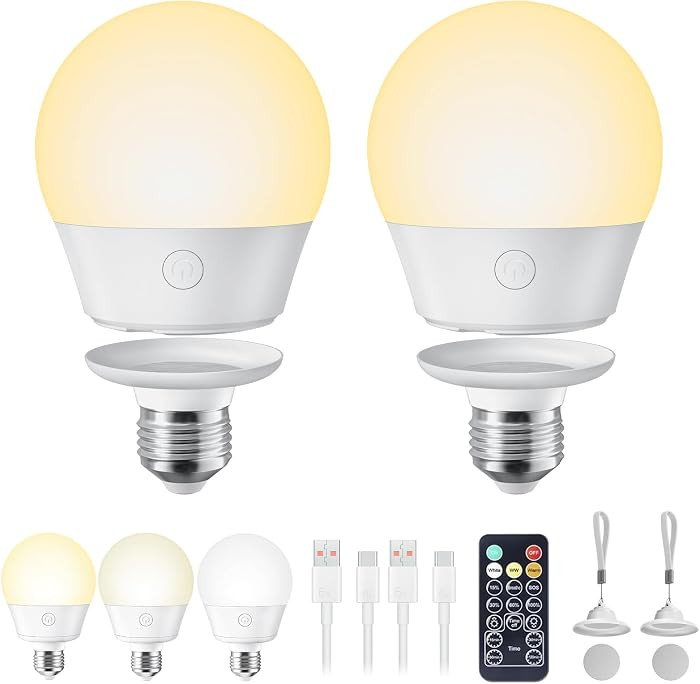 USB Rechargeable Light Bulb with Remote and Timer, Battery Backup Bulb for Sconces and Lamps, Portable Night Light, Emergency LED Light, E26 Detachable Charging, 3 Lighting Colors, Dimmer, 7W, 2 Pack | Amazon (CA)