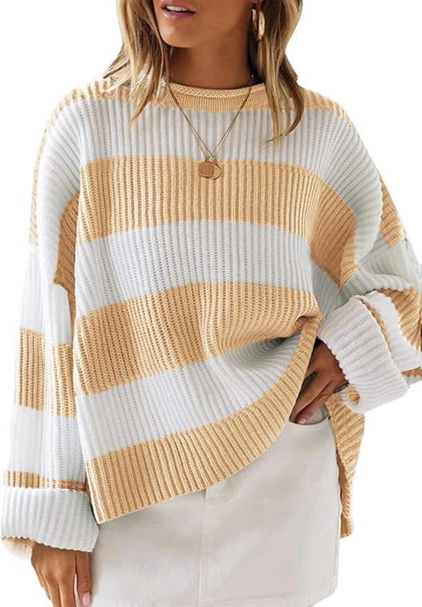 ZESICA Women's 2024 Fall Long Sleeve Crew Neck Striped Color Block Comfy Loose Oversized Knitted ... | Amazon (US)