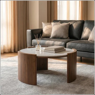 Modern Round Sintered Stone Coffee Table with Glossy White Marble Look and Thick Walnut Slab Legs, Perfect for Mid-Century Living Rooms | Wayfair North America