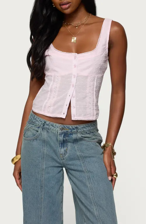 EDIKTED Lace Inset Clip Dot Cotton Button-Up Shirt in Light-Pink at Nordstrom, Size Large | Nordstrom