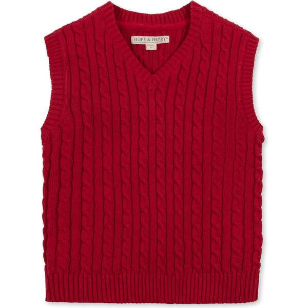 Boy's Organic V-Neck Cable Sweater Vest, Red Cable | Maisonette