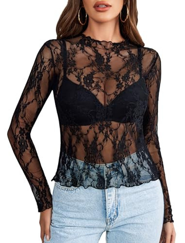 Avidlove Women's Mesh Top Long Sleeve Mock Neck Sheer Blouse See Through Floral Lace Tops Black Medium | Amazon (US)