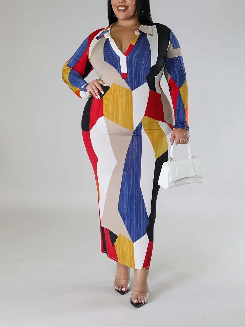 Curve-Flattering Geometric Plus Size Dress - Chic Long Sleeve V-Neck, Stretch-Enhanced Midi for E... | Temu Affiliate Program