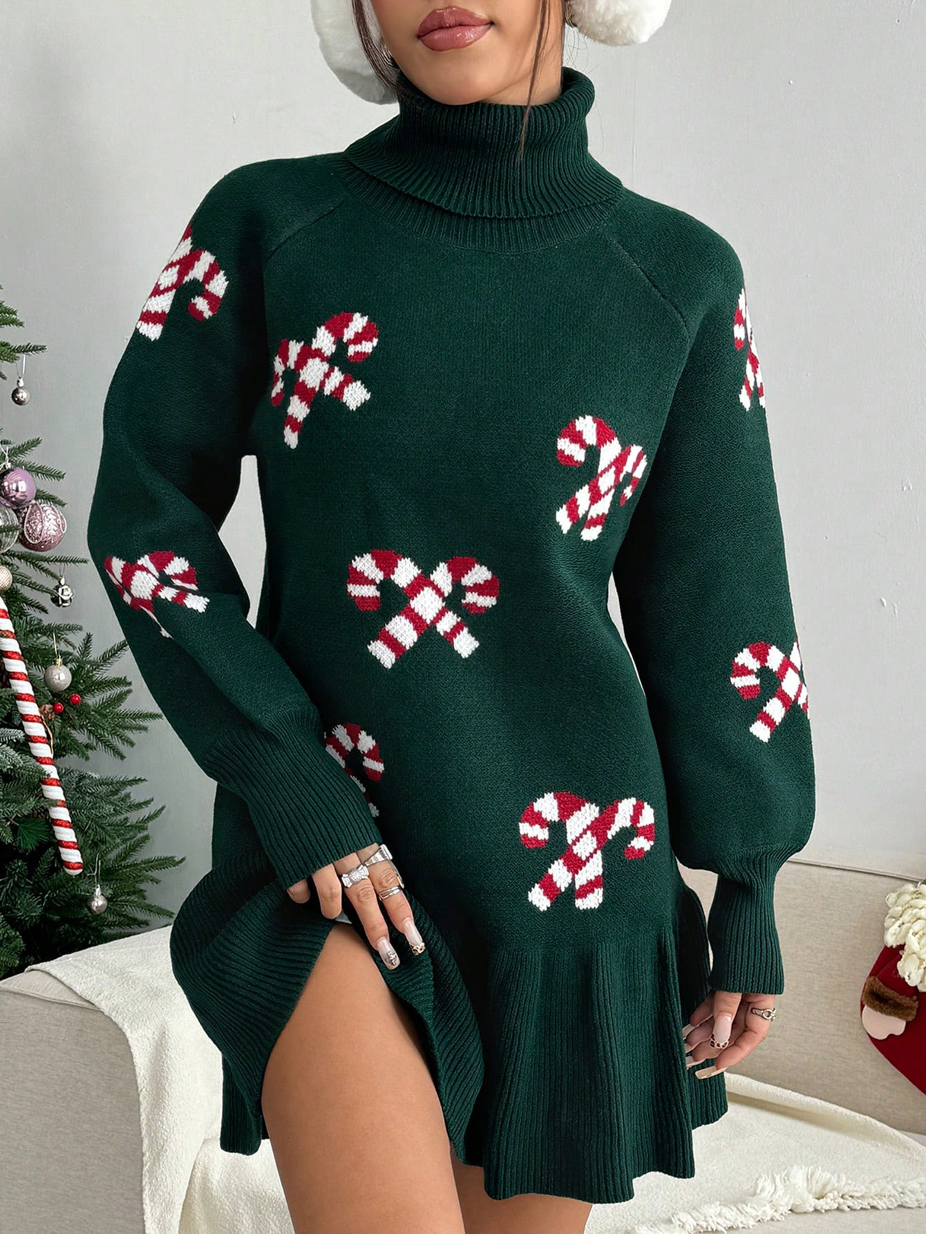 SHEIN MOOSTA Women Christmas Warm & Comfy Candy Cane Print Lantern Sleeve Flared Hem Cute Sweater... | SHEIN