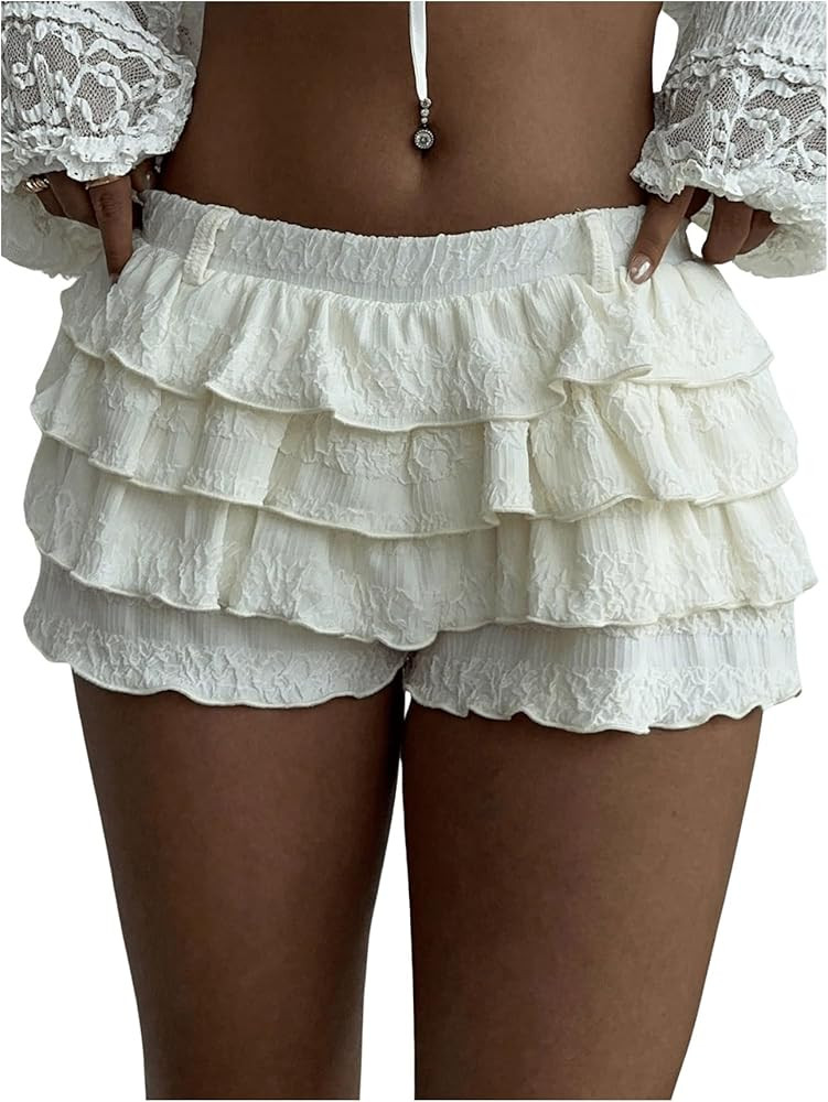Women's Y2k Ruffle Shorts Elastic Waist Texture Micro Short Casual Puffy Mini Skort Low Rise Bloo... | Amazon (US)