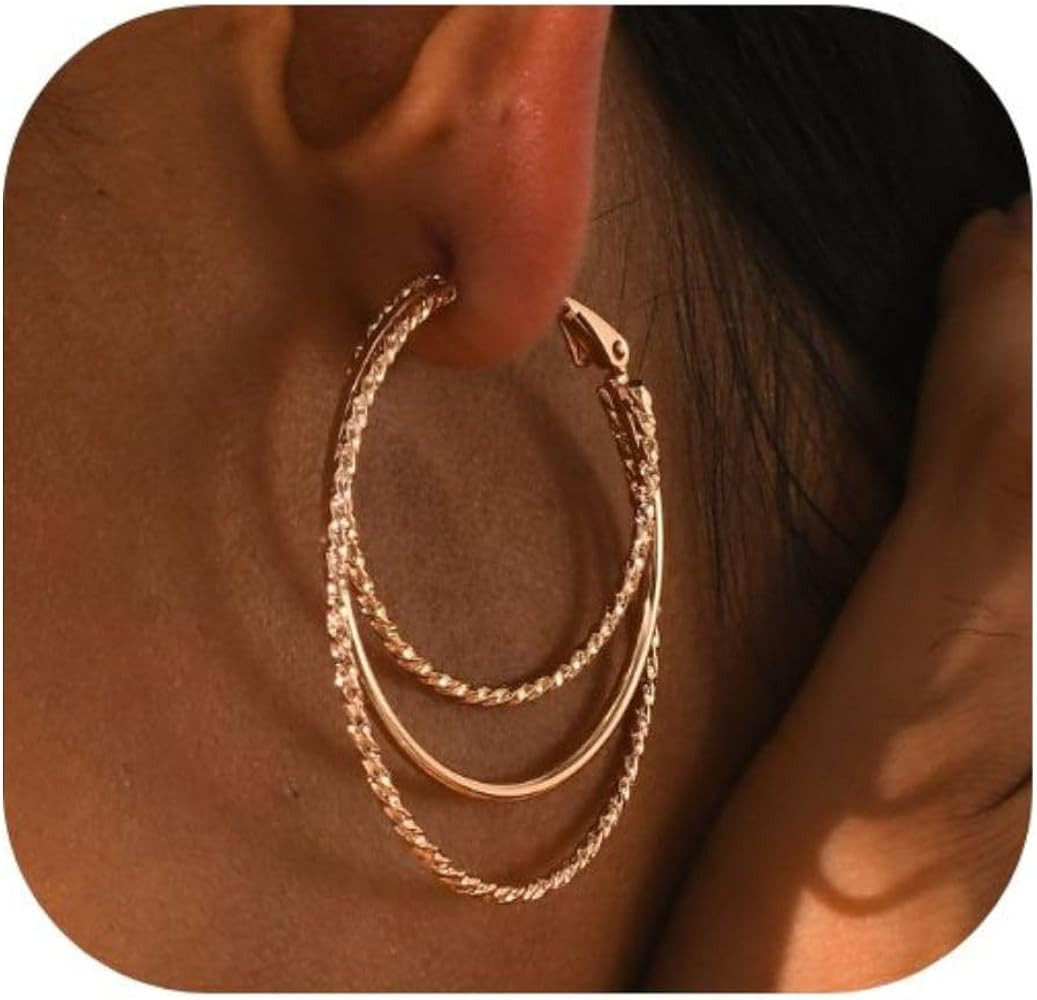 Smooth and Textured Wire Rose Gold Hoop Earrings for Women Lightweight Hypoallergenic Thin Big Tr... | Amazon (US)