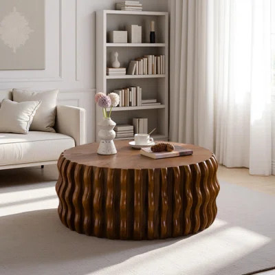 Drum Fluted Modern Round Coffee Table, Mid Century Circle Center Coffee Tables With Sturdy Pedestal | Wayfair North America