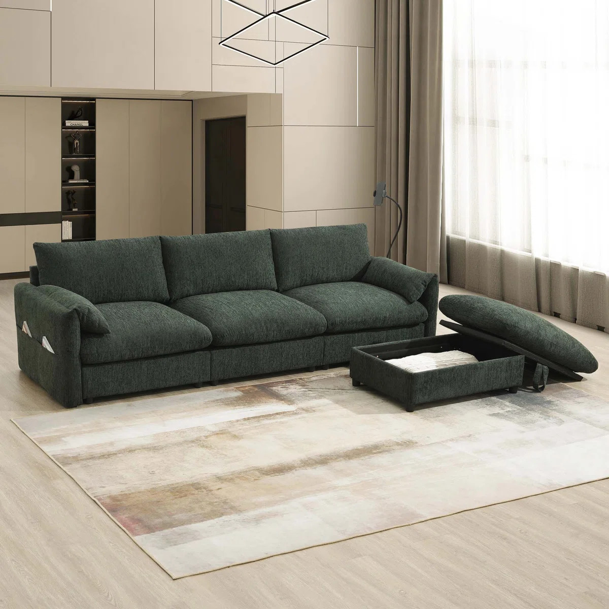 96.5'' Chenille Sectional Sofa with Storage Ottoman and Pockets,Adjustable Phone Holder,Wide Seat... | Wayfair North America