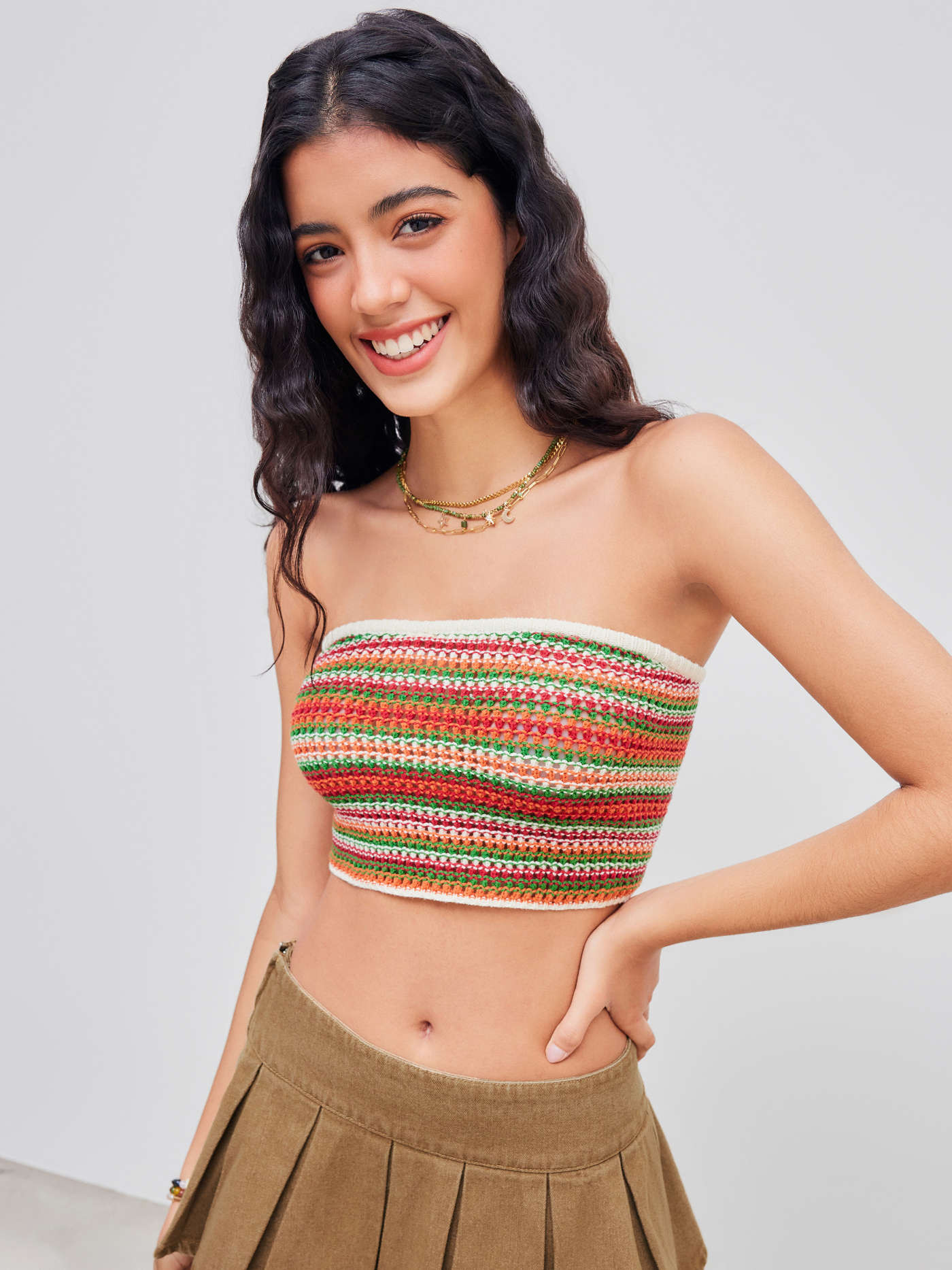 Knitted Strapless Striped Knotted Crop Tube Top... | Cider