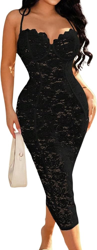 Floerns Women's Lace Spaghetti Strap Backless Sweetheart Neck Midi Dress Elegant Bodycon Maxi Dre... | Amazon (US)