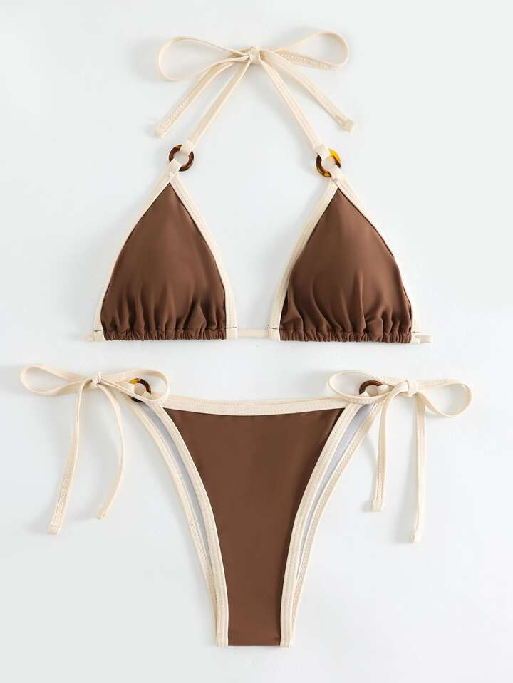 SHEIN Swim Vcay Contrast Binding Halter Triangle Tie Side Bikini Swimsuit | SHEIN