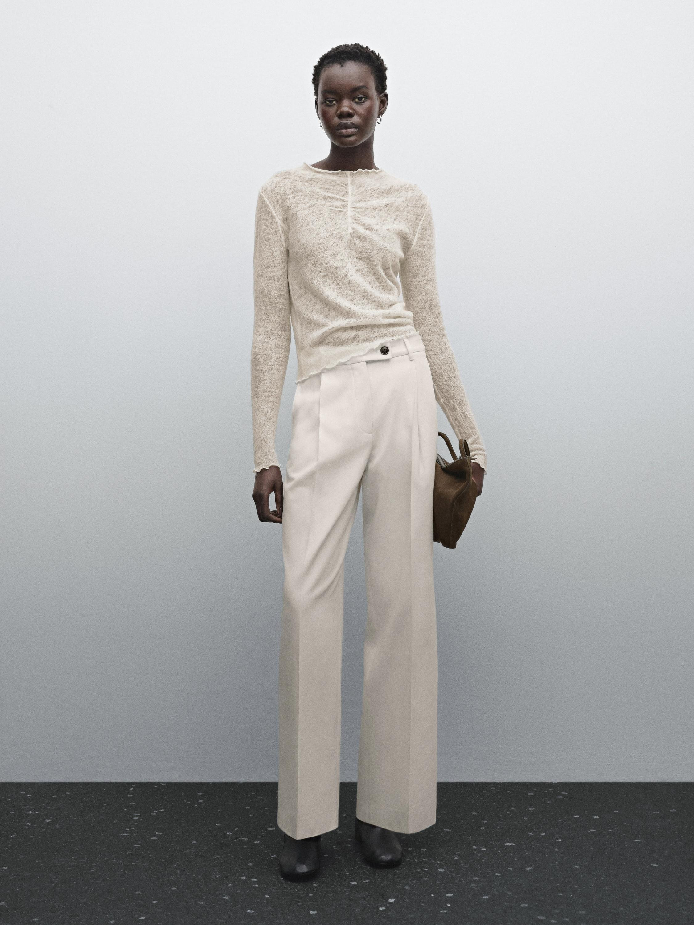 Wide-leg pleated cotton blend trousers | Massimo Dutti US