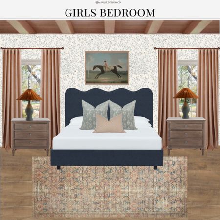 Girls Bedroom | scalloped bed | curtain panels | chest of drawers | wood nightstand | loloi rug | table lamp | rattan shade | blue pillow cover | blue lamp | blush pillow cover | floral wallpaper | lulu & Georgia | overstock | Etsy | vintage horse print | velvet curtain panel 

#LTKunder100 #LTKhome #LTKkids