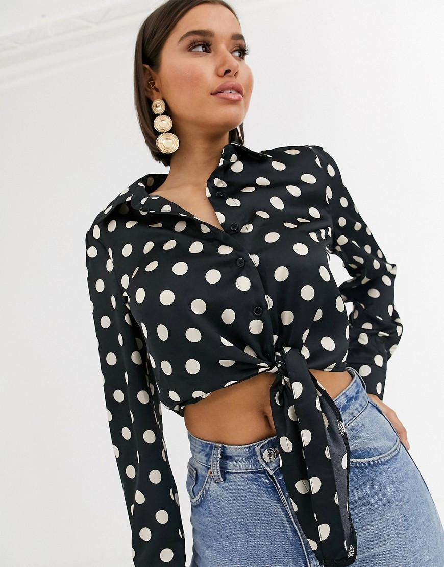 Boohoo shirt with tie front in black polka dot-Multi | ASOS (Global)