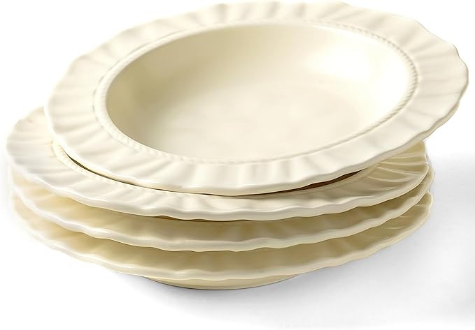 COIKZLY Ceramic Soup Bowls 8.6 in, Pasta Bowls & Plates, Cream color Floral-Embossed Wide Rim Sha... | Amazon (US)