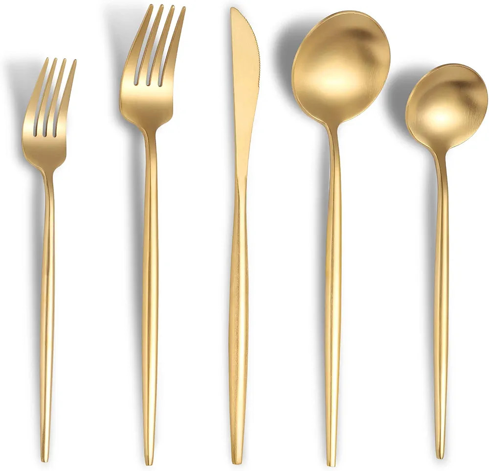 Matte Gold Silverware Set for 4,Modern Stainless Steel Brushed Cutlery Set,20-Pieces Rustic Flatw... | Amazon (US)
