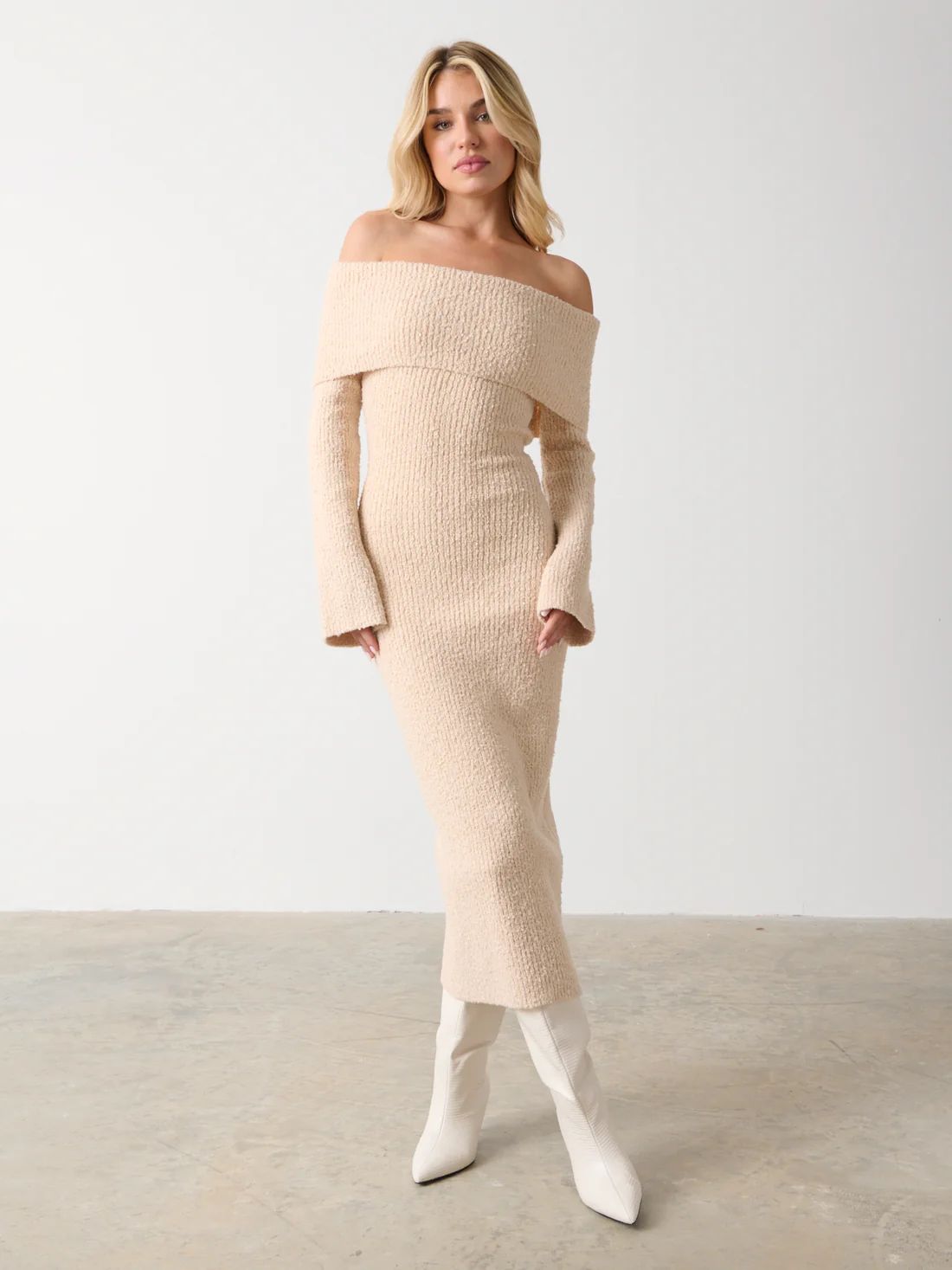 Elodie Midaxi Bardot Knit Dress - Ecru | Pretty Lavish (UK)