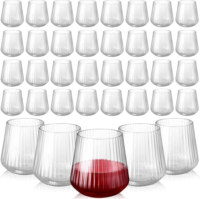 40 Pack Plastic Ribbed Wine Glasses, 14oz Origami Disposable Wine Glasses Unbreakable Clear Plast... | Amazon (US)