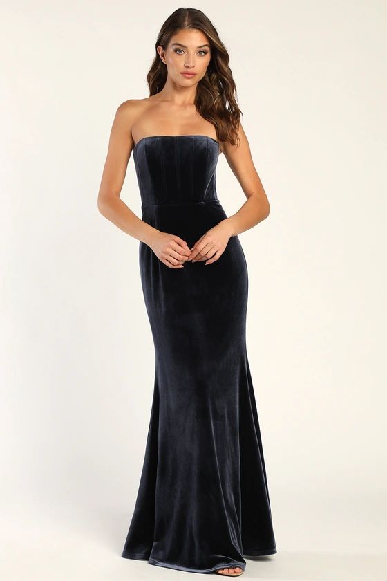 All Love Ash Blue Velvet Strapless Mermaid Maxi Dress | Lulus (US)