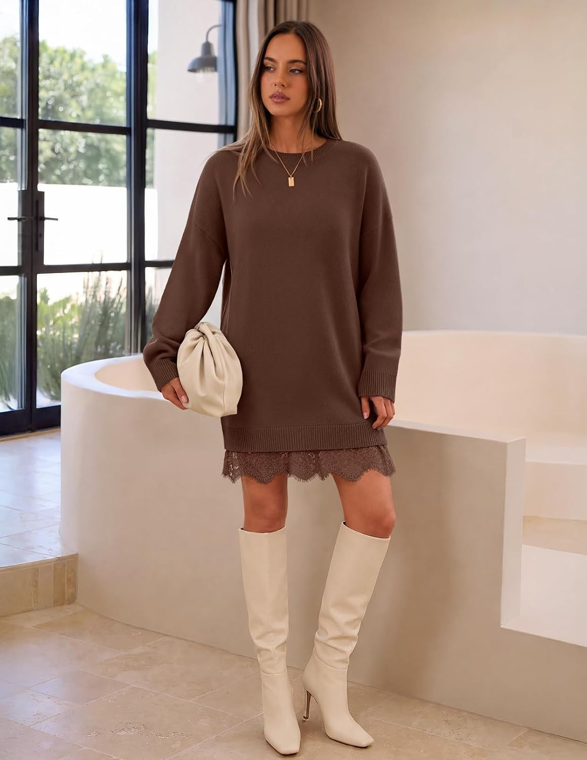 MEROKEETY Women's Fall Long Sleeve Lace Oversized Casual Knit Sweater Dress | Amazon (US)