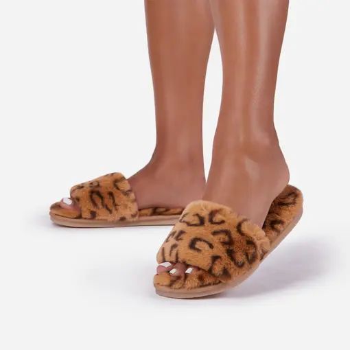 Kitty Fluffy Slider Slipper In Tan Brown Leopard Print Faux Fur | Ego Shoes (UK)