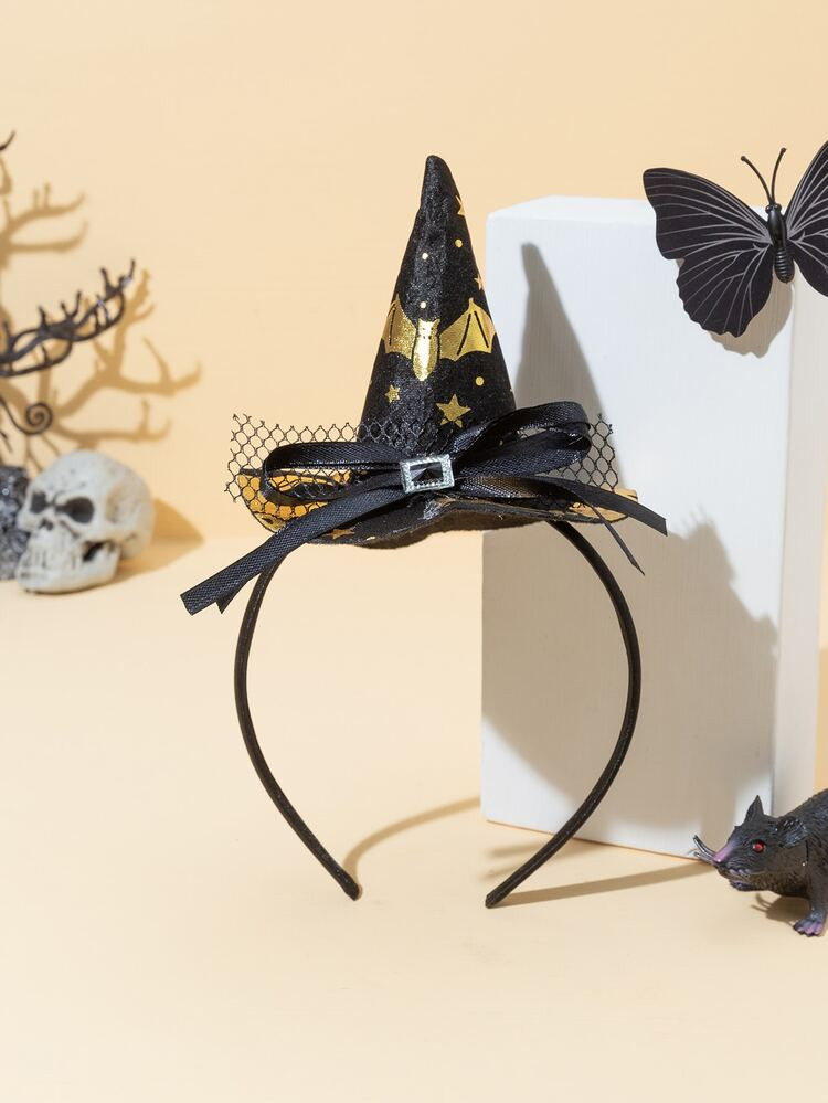 Halloween Bat Pattern Witch Hat & Bow Decor Headband | SHEIN