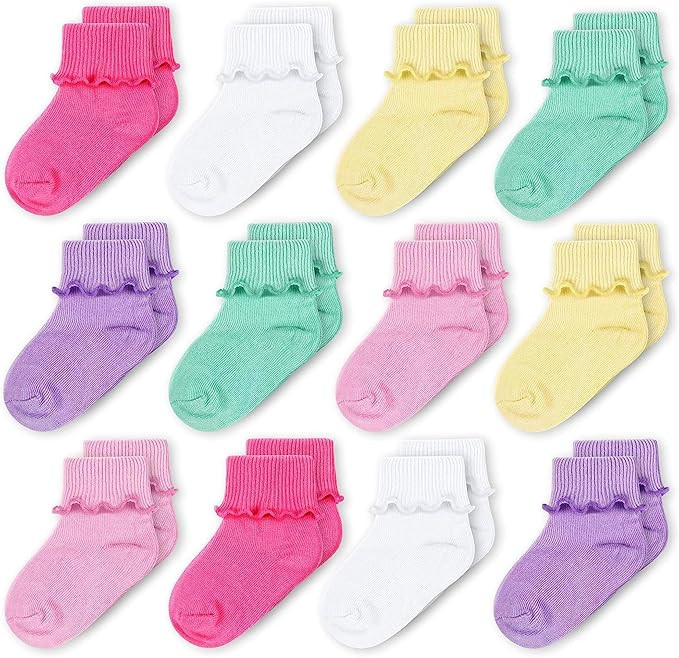 CozyWay Baby Girls Socks Ruffle Ripple Edge Turn Cuff Socks for Baby Toddler Girls | 12-Pairs | Amazon (US)