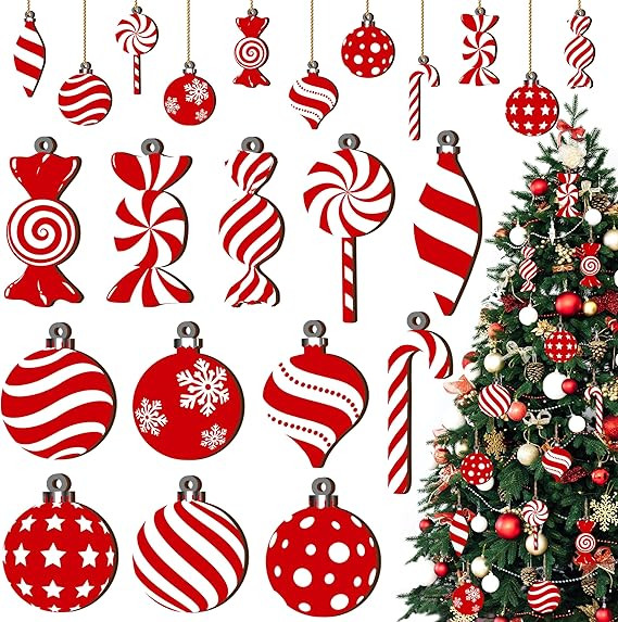 Christmas Candy Lollipop Ornaments Set -24Pcs for Xmas Tree Decoration Wooden Hanging Peppermint ... | Amazon (US)